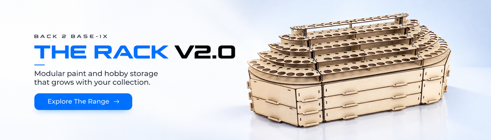The Rack V2.0 modular MDF paint and hobby storage, desktop promotional banner
