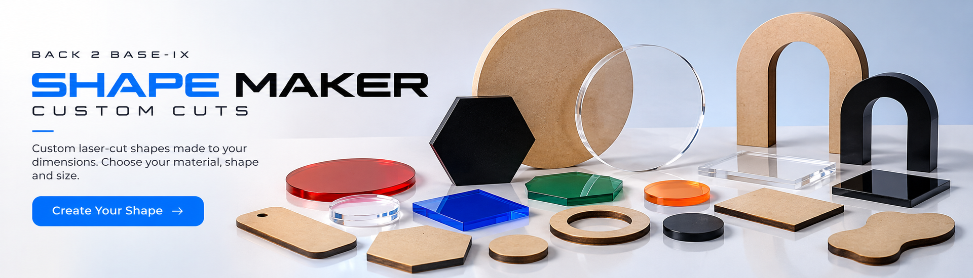 Shape Maker custom laser-cut shapes – clean studio desktop homepage banner